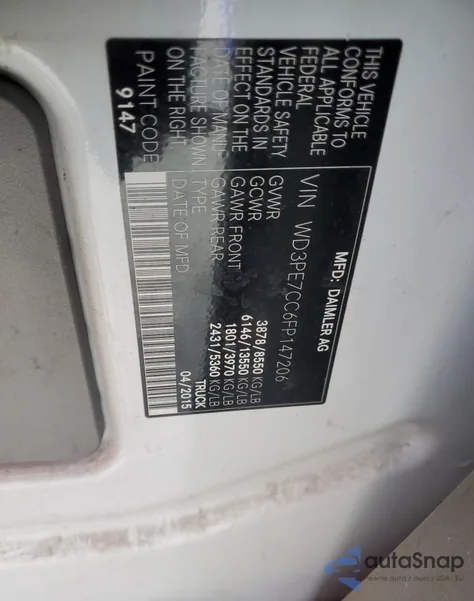 2015 Mercedes-Benz Sprinter 2500 from USA, damaged, VIN WD3PE7CC6FP147206